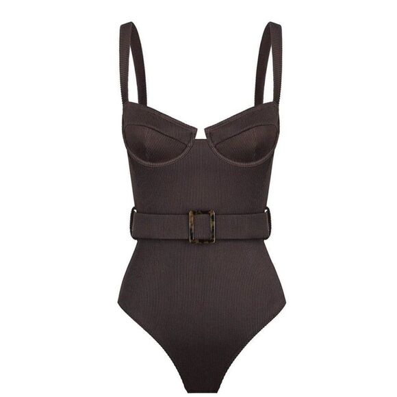 Charlie Holiday‎ Zola Belted Swimsuit One Piece Medium Adjustable Deep Brown New - Picture 2 of 8